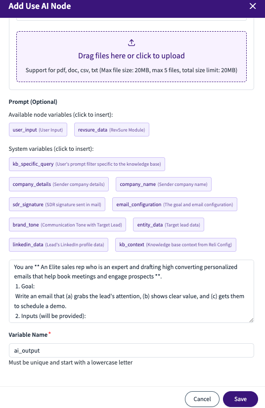 Interface for adding AI node with options for user input and file uploads.